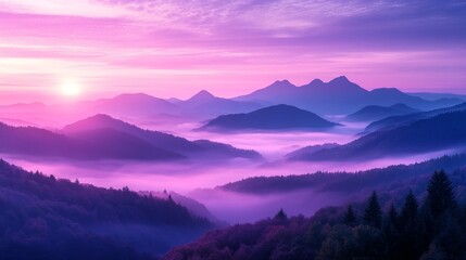 Obraz premium Mountain foggy landscape. mountains shrouded in purple fog