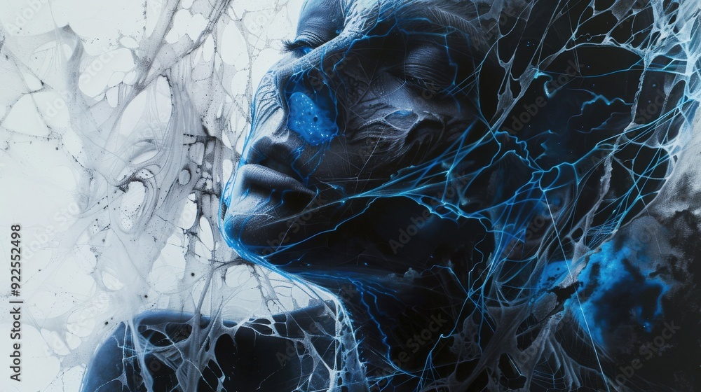 Poster a woman's face blends with abstract blue lines and dark patterns, creating a captivating and surreal