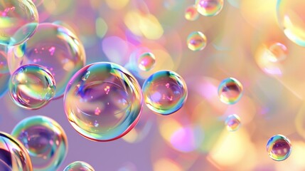 Craft a dreamy visual of numerous soap bubbles floating against a soft, blurred background. Each bubble should display a beautiful array of colors, reflecting light in a mesmerizing way. 
