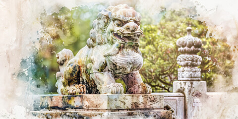 Obraz premium Japanese Garden Statue of a Foo Dog.