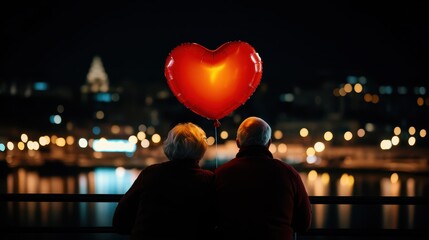 A loving couple gazes at a city skyline, holding a red heart balloon under the night sky, symbolizing romance and connection.