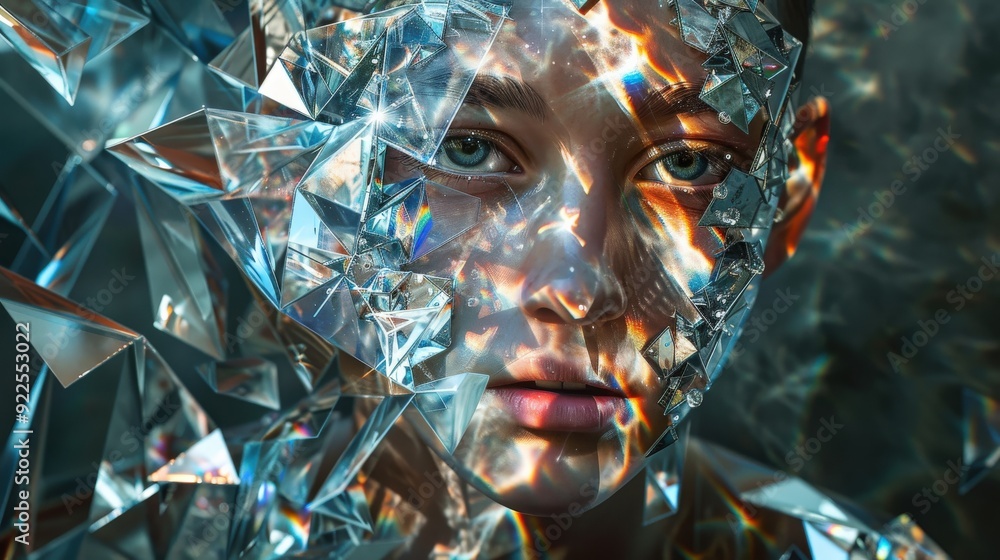 Poster A person’s face is partially obscured by intricate crystal shards, creating a mesmerizing play of light and reflections in an artistic display