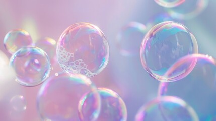 Craft a serene image of soap bubbles floating softly against a pastel-colored backdrop. Highlight the iridescent colors and reflections on each bubble, creating a tranquil and magical atmosphere.
