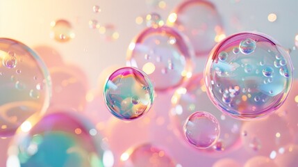 Craft a serene image of soap bubbles floating softly against a pastel-colored backdrop. Highlight the iridescent colors and reflections on each bubble, creating a tranquil and magical atmosphere.