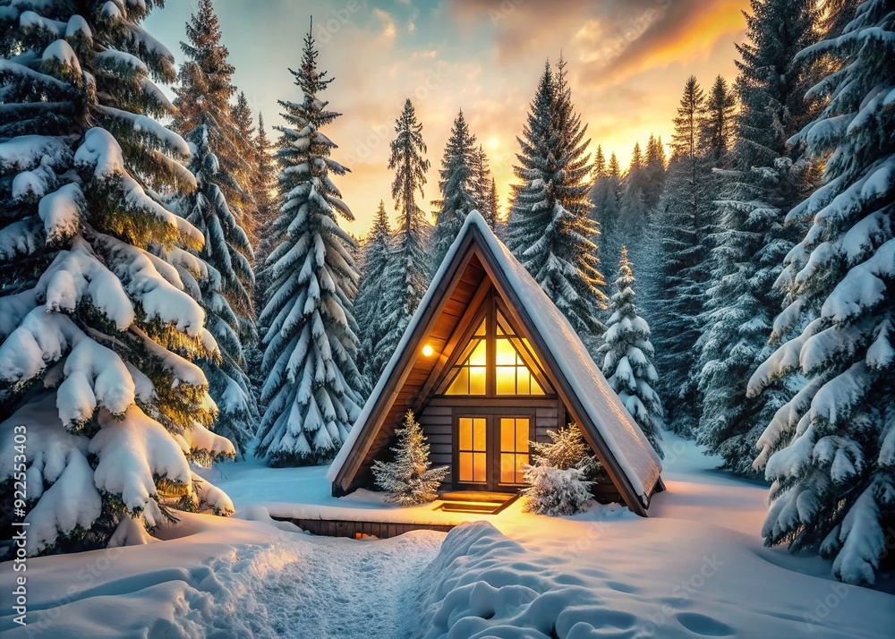 Wall mural serene nordic-inspired a-frame cabin nestled among snow-dusted evergreens, warm golden light spillin