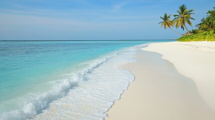 Fototapeta premium A breathtaking view of a small tropical island surrounded by crystal-clear turquoise water under a bright blue sky. The shallow water reveals the white sandy bottom, creating a perfect serene seascape