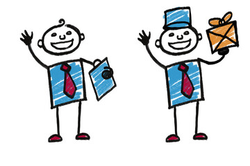 Doodle manager with tablet and courier with parcel sketch children's drawing set