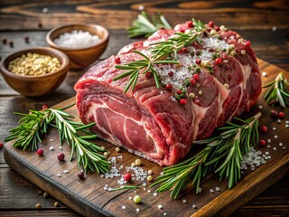 Freshly seasoned uncooked prime rib roast sprinkled with coarse sea salt and adorned with fragrant rosemary sprigs, ready for slow roasting to tender perfection.