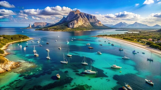 Breathtaking aerial view of Capo Coda Cavallo Beach, San Teodoro, Sardinia Island, Italy, featuring yachts in crystal-clear Mediterranean waters, with Tavolara and Molara Islands in the distance.