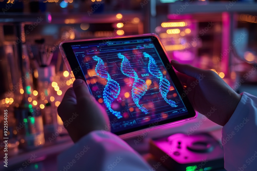 Aufkleber scientist studies a digital representation of dna on a transparent tablet while surrounded by labora