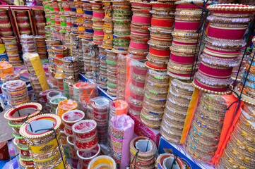 Beautiful Rajasthani Bangles being sold at famous Sardar Market and Ghanta ghar Clock tower in Jodhpur, Rajasthan, India.