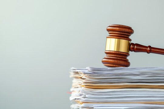 A polished wooden gavel rests atop a stack of legal documents, symbolizing authority in a courtroom setting - Powered by Adobe