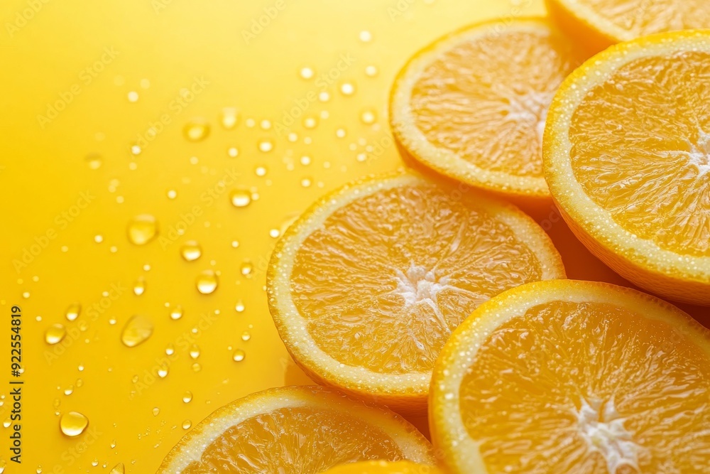 Poster brightly sliced oranges display their juicy interiors, arranged neatly with droplets of juice sparkl