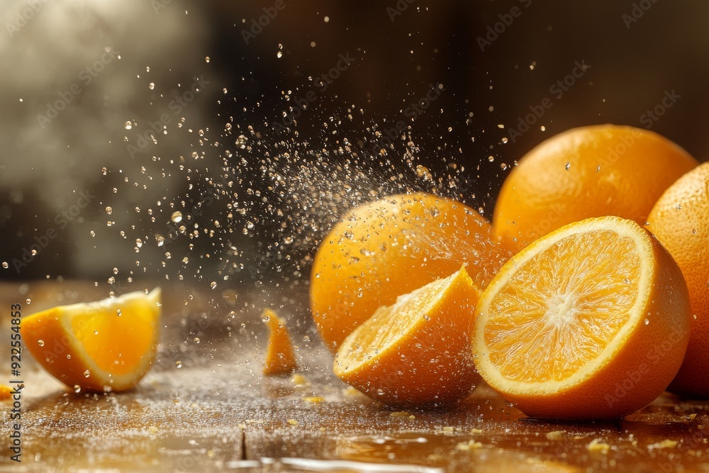 Poster refreshing oranges are sliced open, releasing droplets of juice and zest that glisten in the light, 