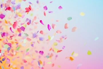 Colorful confetti flutters down against a serene pastel backdrop, creating a playful and cheerful atmosphere perfect for celebrations and festive occasions