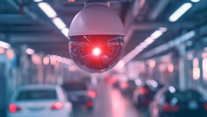 close-up of a security camera with a red light glowing, monitoring a busy industrial facility filled with cars. The environment suggests the importance of surveillance in maintaining security and ef