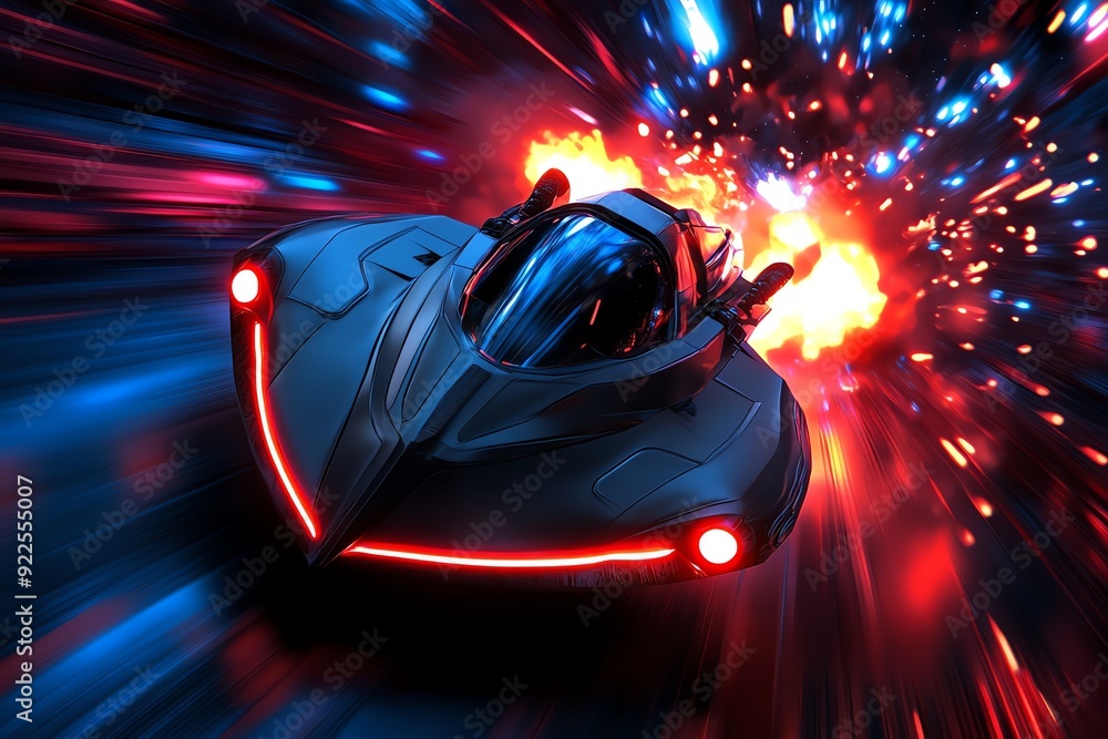 Aufkleber futuristic high-speed car racing through a neon-lit space with explosive energy and vibrant colors c