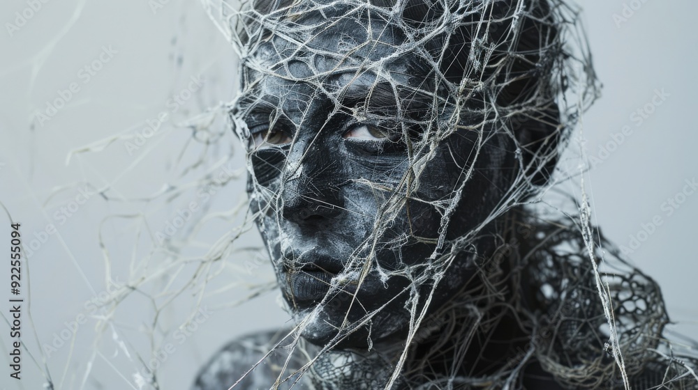 Poster a figure covered in dark material is entangled in delicate, thread-like structures, creating an intr