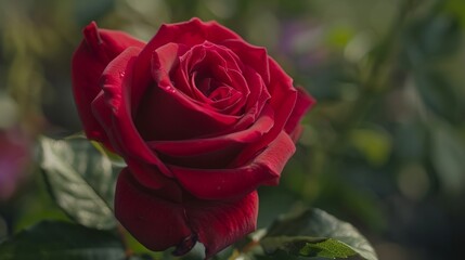 Create a breathtaking close-up of a single red rose in full bloom. Highlight the intricate details of the petals and the vibrant red color.