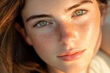 Fototapeta premium A young woman with striking green eyes and freckled skin gazes directly at the camera, illuminated by soft, natural light