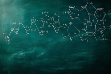 A chalkboard displays intricate chemical formulas in white chalk, showcasing advanced concepts in organic chemistry during a classroom setting