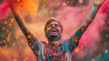Fototapeta premium A young man joyfully embraces a colorful festival, surrounded by vibrant powder and laughter, fully immersed in the spirit of celebration