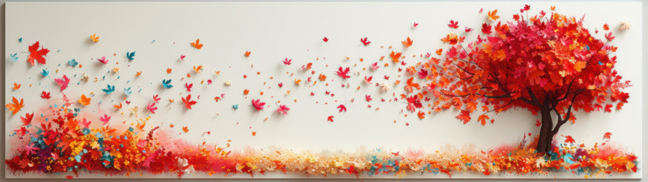 Abstract art depicts vibrant autumn leaves swirling in the wind with a lone maple tree set against a white background