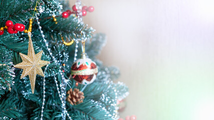 New Year tree with decorations and garlands. New Year concept. Place for text.