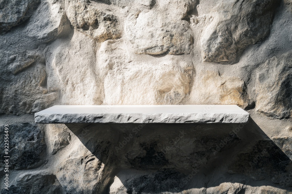 Poster a textured stone wall supports a clean white shelf, creating an elegant display area for decor in a 