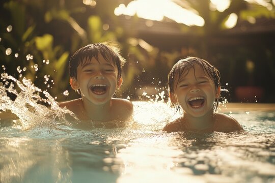 Two young Chinese boys laughing and splashing in a pool, water droplets frozen in mid-air
Concept: childhood, summer, fun, water, joy, play, laughter, swimming, vacation, excitement