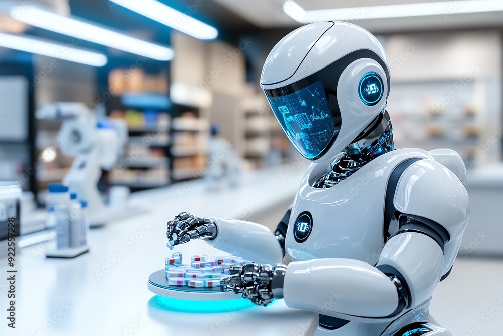 Poster futuristic robot working in modern laboratory with advanced technology equipment, representing innov