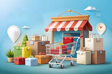 Obraz premium Online store, Eshop, Internet selling, Online marketing. Flat design modern vector illustration concept. 
