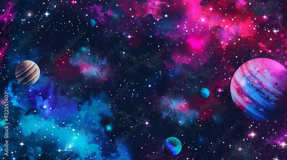 Poster create a stunning galaxy scene featuring an array of colorful nebulae, sparkling stars, and distant 