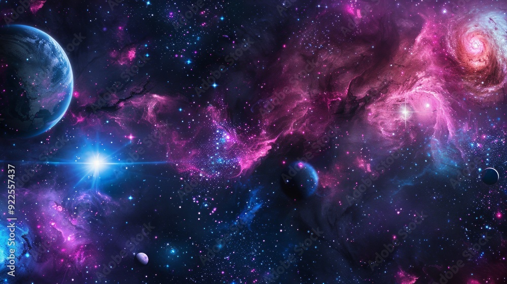 Poster create a stunning galaxy scene featuring an array of colorful nebulae, sparkling stars, and distant 