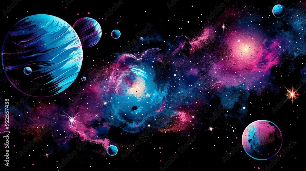 Poster create a stunning galaxy scene featuring an array of colorful nebulae, sparkling stars, and distant 