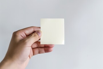 Close-up of a hand holding an empty white post-it note on plain white background, background with copyspace for motivational text, slogan, message