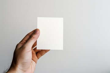 Fototapeta premium Close-up of a hand holding an empty white post-it note on plain white background, background with copyspace for motivational text, slogan, message