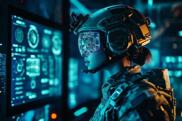 A female soldier in advanced exoskeleton armor examines tactical information displayed on her helmet visor while in a high-tech command center