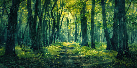 Fototapeta premium A secluded forest clearing, surrounded by twisted trees and shrouded in an unnatural silence