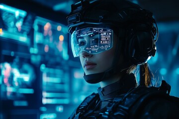 The soldier analyzes tactical information displayed on her helmet visor while preparing for an upcoming operation in a futuristic command environment
