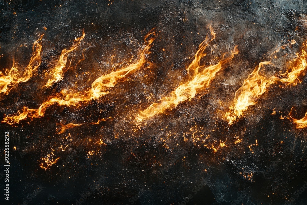 Poster intense flames swirl and flicker, sending glowing embers upward against a dark backdrop, creating a 