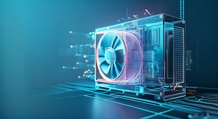 Digital hologram of a heat pump is dynamically rendered against a blue background as visualisation of energy efficiency, modern HVAC systems and sustainable technology. 