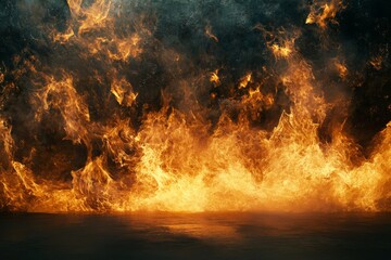 Fototapeta premium A wall of vibrant flames surges upward, sending glowing embers into the air against a shadowy backdrop, creating a captivating visual spectacle