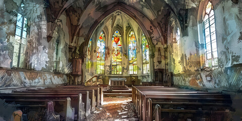 Fototapeta premium A dilapidated church, its stained glass windows now broken and replaced with opaque panels