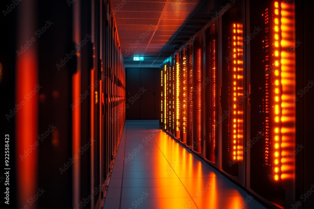 Poster high-tech servers line the walls of a dimly lit data center, their blinking led lights casting a vib