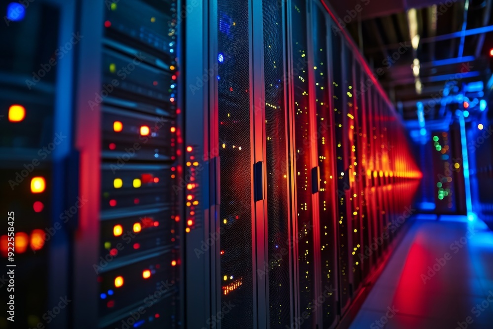 Poster hightech servers line the walls of a dimly lit data center, with led lights blinking in various colo