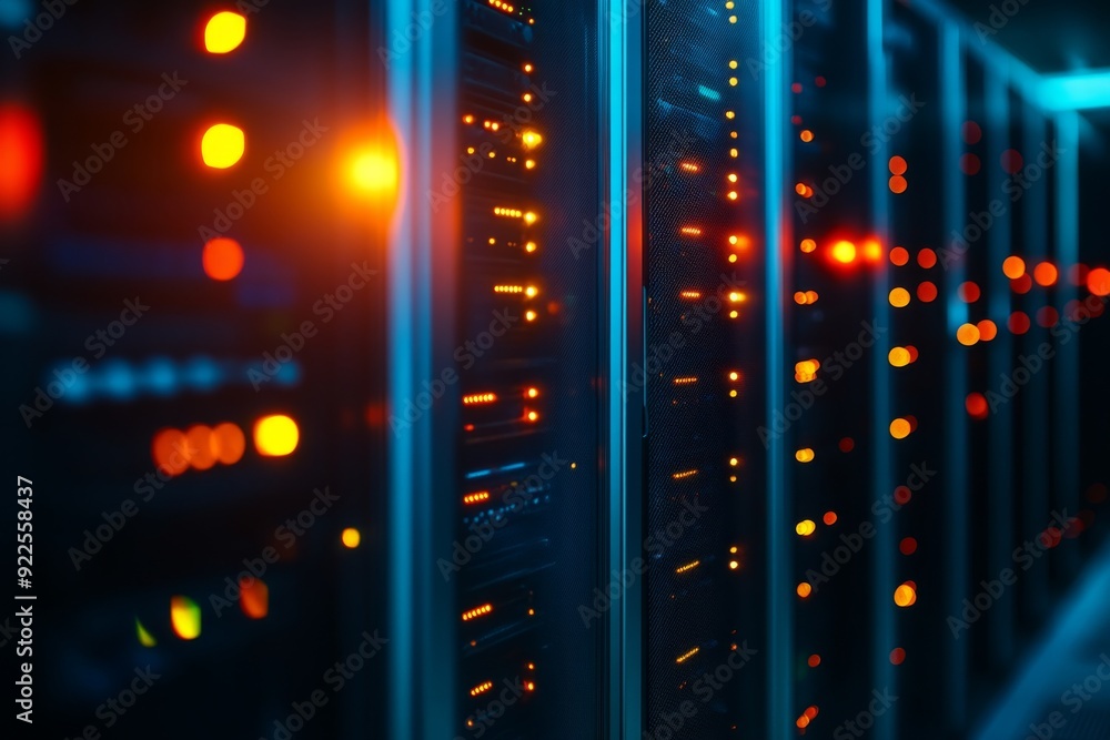Poster rows of advanced servers glow softly with blinking led lights in a darkened data center, showcasing 