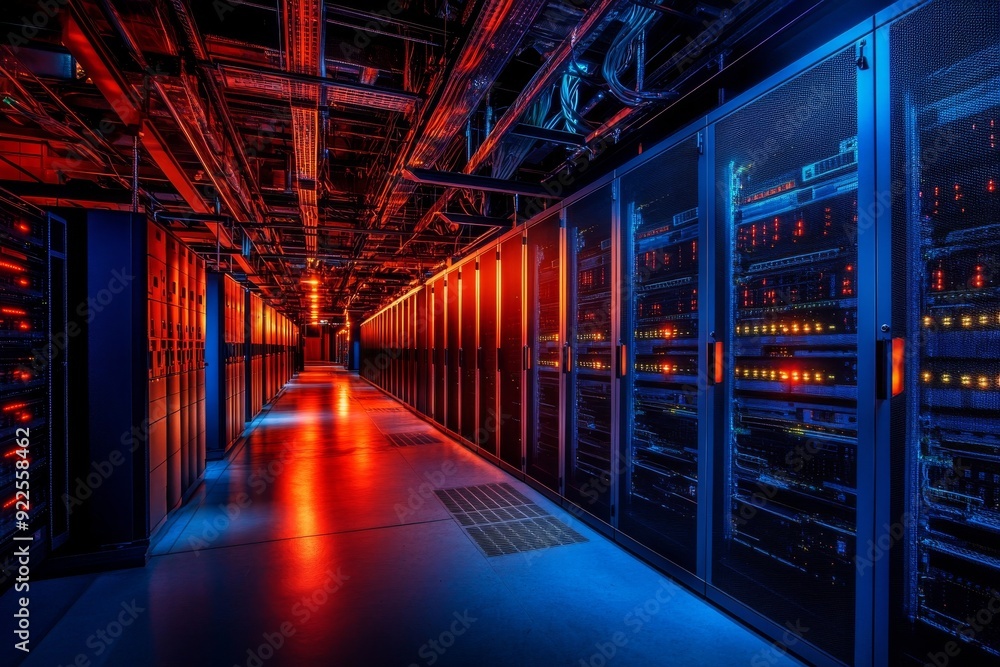 Poster rows of high-tech servers emit blinking led lights in a dimly lit room, illustrating a modern data c