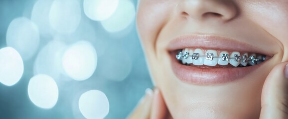 Fototapeta premium Close-up of a woman smiling teeth with dental braces. Wallpaper for dental orthodontics clinics. Panoramic banner background with copyspace
