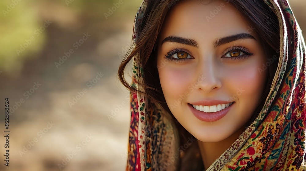 Wall mural A beautiful Iranian woman. Iran. A beautiful Iranian woman. Portrait of a young woman wearing a colorful scarf with a warm smile, set against a natural background.  #wotw